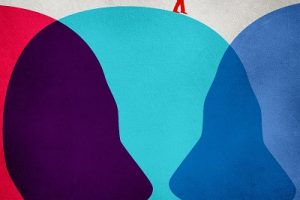 equilibrist walking on colored human heads digital illustration